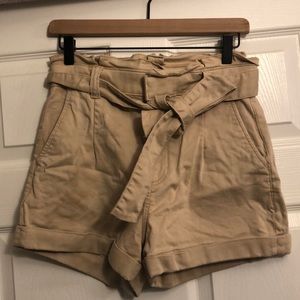 Express tan stretchy extreme high rise shorts with tie